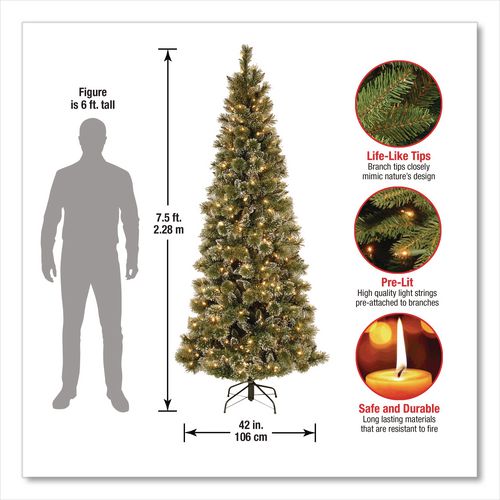 Image of National Tree Company® GB331975 Pre-Lit Glittery Bristle Slim Tree, 42" x 42" x 90", Green Tree, Green Tree Stand