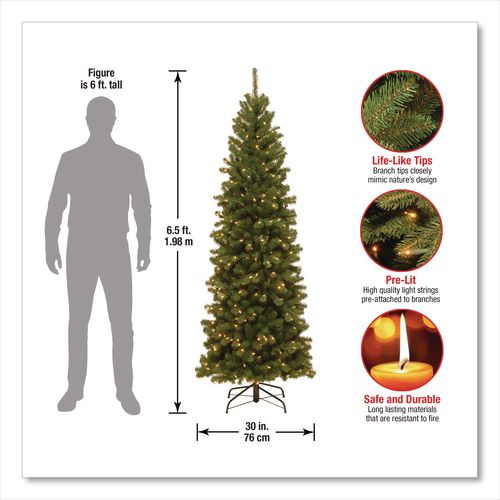 Image of National Tree Company® NRV735865 Pre-Lit North Valley Spruce Pencil Slim Tree, 30" x 30" x 78", Green Tree, Green Tree Stand