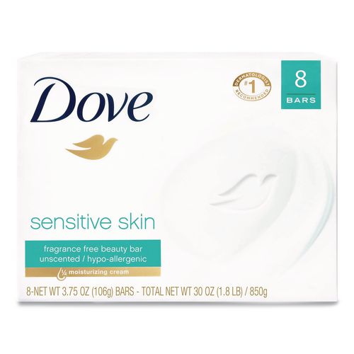 Image of Dove® CB613789 Sensitive Skin Bath Bar, Unscented, 3.75 oz, 8 Bars/Pack, 9 Packs/Carton