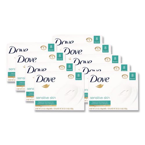 Image of Dove® CB613789 Sensitive Skin Bath Bar, Unscented, 3.75 oz, 8 Bars/Pack, 9 Packs/Carton