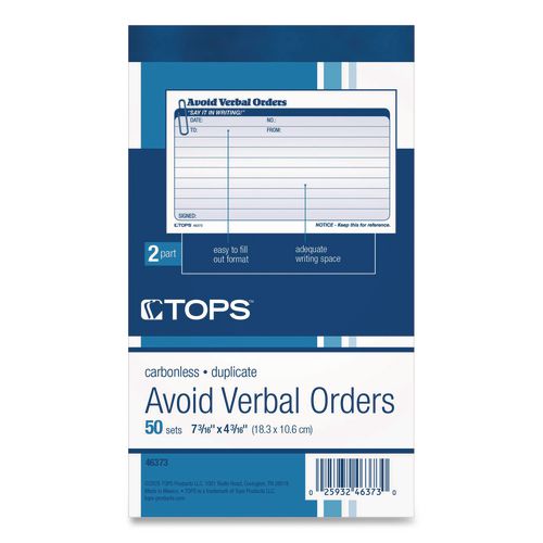 Image of TOPS 46373 Avoid Verbal Orders Manifold Book, Two-Part Carbonless, 6.25 x 4.25, 50 Forms Total