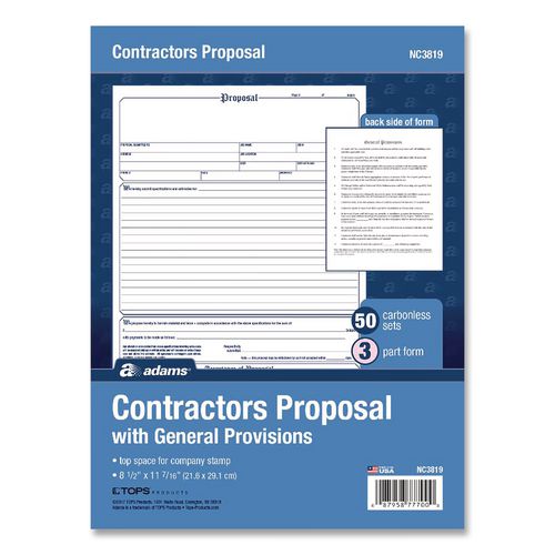 Image of Adams® NC3819 Contractor Proposal Form, Three-Part Carbonless, 8.5 x 11.44, 50 Forms Total