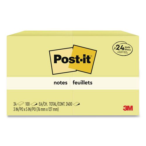 Image of Post-it® Notes 655-24VAD Original Pads in Canary Yellow, Value Pack, 3" x 5", 100 Sheets/Pad, 24 Pads/Pack
