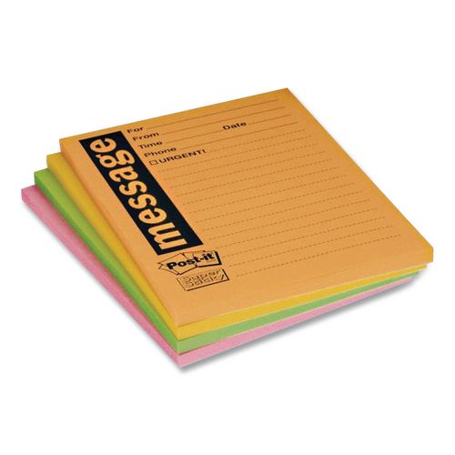 Image of Post-it® Notes Super Sticky 7679-4-SS Self-Stick Message Pad, Note Ruled, 4" x 5", Energy Boost Collection Colors, 50 Sheets/Pad, 4 Pads/Pack