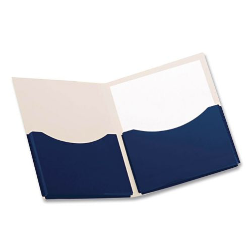 Image of Oxford 54443 Double Stuff Glossy Laminated Paper Twin-Pocket Folder, Accommodates (200) 11 x 8.5 Sheets, Navy, 20/Box