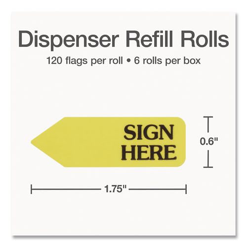 Image of Redi-Tag® B91001 Arrow Message Page Flag Refills, "Sign Here", Yellow, 120 Flags/Roll, 6 Rolls/Box