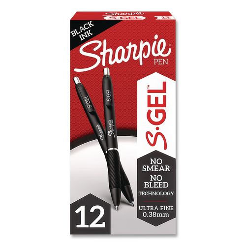 Image of Sharpie® S-Gel 2140521 S-Gel High-Performance Gel Pen, Retractable, Extra-Fine 0.38 Mm, Black Ink, Black Barrel, Dozen