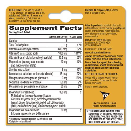 Image of Airborne® 47865-30004 Immune Support Effervescent Tablet, Zesty Orange, 10/box