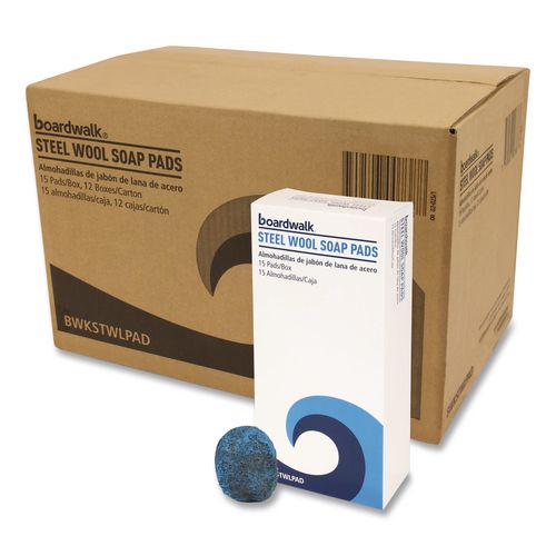 Image of Boardwalk® 96130-M-BWK Steel Wool Soap Pads, 3 x 2.5, Blue, 15 Pads/Box, 12 Boxes/Carton