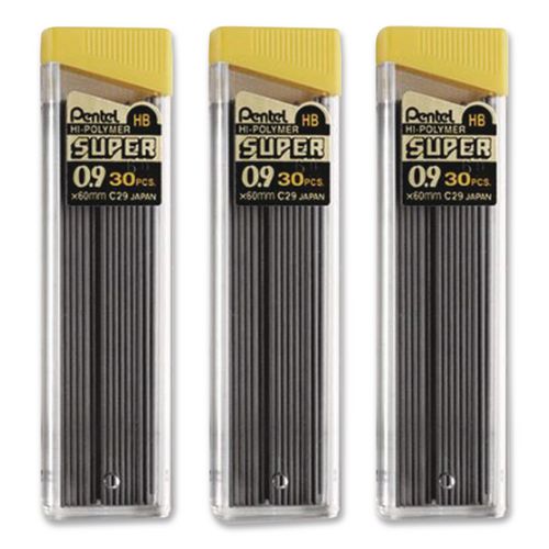 Image of Pentel® C29BPHB3 Super Hi-Polymer Lead Refills, 0.9 Mm, Hb, Black, 30/tube, 3 Tubes/pack