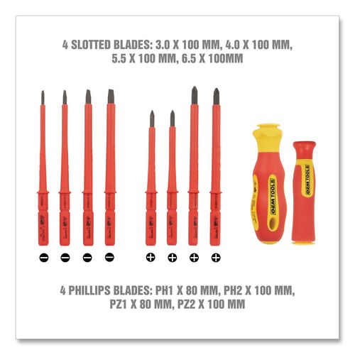 Image of OEMTOOLS® 22593 Insulated 10-Piece Interchangeable Bit Screwdriver Set, Metric Phillips and Slotted Blade Bits, Orange/Yellow Handle