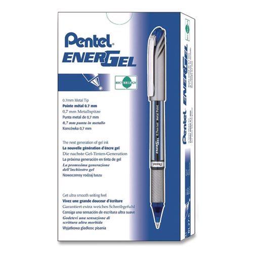 Image of Pentel® BL27-C EnerGel NV Gel Pen, Stick, Medium 0.7 mm, Blue Ink, Gray/Black/Blue Barrel, Dozen