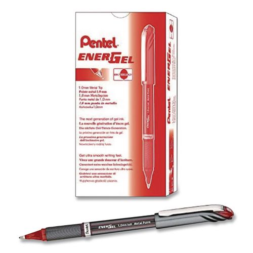 Image of Pentel® BL30-B EnerGel NV Gel Pen, Stick, Bold 1 mm, Red Ink, Gray/Red Barrel, Dozen