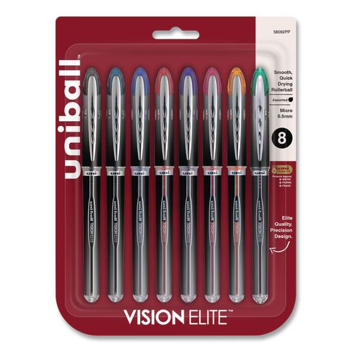 Image of uniball® 58092PP VISION ELITE Rollerball Pen, Stick, Fine 0.5 mm, Assorted Ink and Barrel Colors, 8/Pack