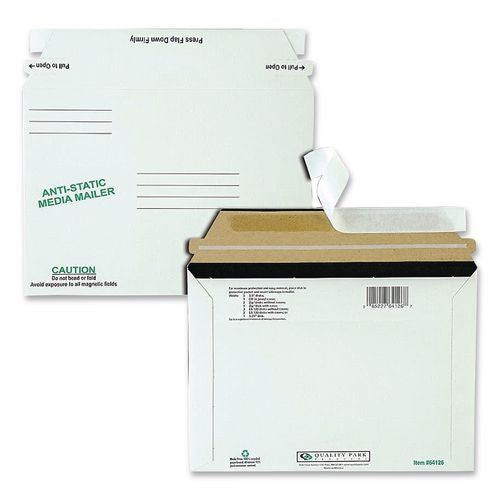 Image of Quality Park QUA64126 Antistatic Fiberboard Disk CD/DVD Mailer, Cheese Blade Flap, Redi-Strip Adhesive Closure, 6 x 8.63, White, 25/Box