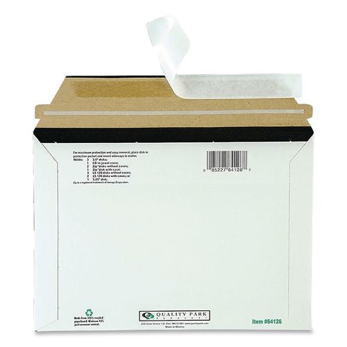 Image of Quality Park QUA64126 Antistatic Fiberboard Disk CD/DVD Mailer, Cheese Blade Flap, Redi-Strip Adhesive Closure, 6 x 8.63, White, 25/Box