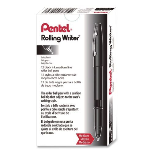 Image of Pentel® R100-A Rolling Writer Rollerball Pen, Stick, Medium 0.8 mm, Black Ink, Black Barrel, Dozen
