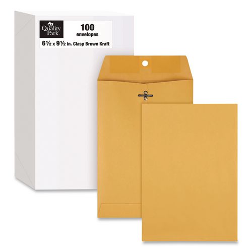 Image of Quality Park QUA37763 Clasp Envelope, 32 lb Bond Weight Kraft, #1 3/4, Square Flap, Clasp/Gummed Closure, 6.5 x 9.5, Brown Kraft, 100/Box
