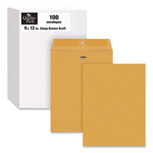 Image of Quality Park QUA37790 Clasp Envelope, 32 lb Bond Weight Kraft, #10 1/2, Square Flap, Clasp/Gummed Closure, 9 x 12, Brown Kraft, 100/Box