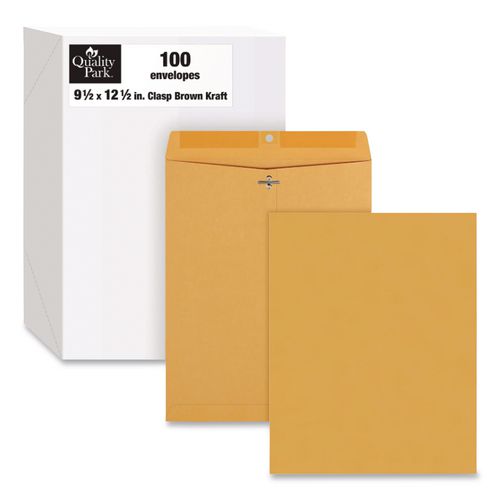 Image of Quality Park QUA37793 Clasp Envelope, 32 lb Bond Weight Kraft, #12 1/2, Square Flap, Clasp/Gummed Closure, 9.5 x 12.5, Brown Kraft, 100/Box