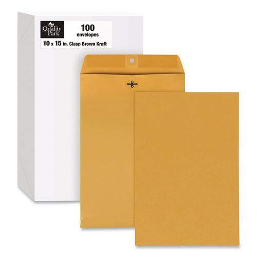 Image of Quality Park QUA37798 Clasp Envelope, 32 lb Bond Weight Kraft, #15, Square Flap, Clasp/Gummed Closure, 10 x 15, Brown Kraft, 100/Box