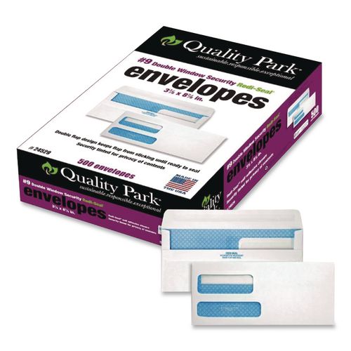 Image of Quality Park QUA24529 Double Window Security-Tinted Envelopes, #9, Commercial Flap, Redi-Seal Adhesive Closure, 3.88 x 8.88, White, 500/BX
