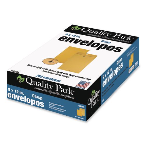 Image of Quality Park QUA37590 Clasp Envelope, 28 lb Bond Weight Kraft, #90, Square Flap, Clasp/Gummed Closure, 9 x 12, Brown Kraft, 250/Carton