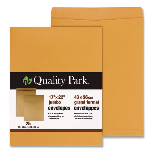 Image of Quality Park QUA42356 Jumbo Size Kraft Envelope, Cheese Blade Flap, Fold-Over Closure, 17 x 22, Brown Kraft, 25/Pack