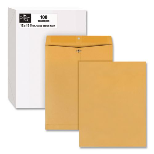 Image of Quality Park QUA37910 Clasp Envelope, 28 lb Bond Weight Kraft, #110, Square Flap, Clasp/Gummed Closure, 12 x 15.5, Brown Kraft, 100/Box