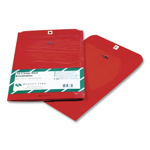 Image of Quality Park QUA38734 Clasp Envelope, 28 lb Bond Weight Paper, #90, Square Flap, Clasp/Gummed Closure, 9 x 12, Red, 10/Pack