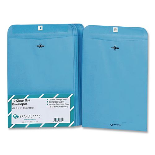 Image of Quality Park QUA38737 Clasp Envelope, 28 lb Bond Weight Kraft, #90, Square Flap, Clasp/Gummed Closure, 9 x 12, Blue, 10/Pack