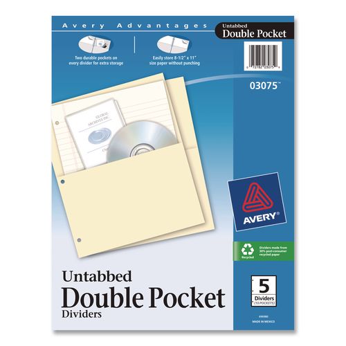 Image of Avery® 03075 Untabbed Double Pocket Dividers, 9.19 x 11, Manila, 5/Pack