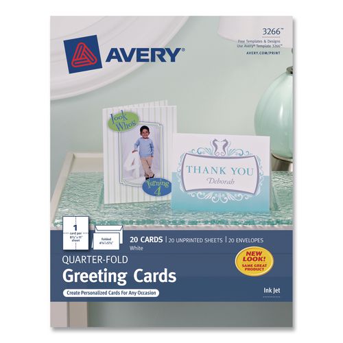 Image of Avery® 03266 Quarter-Fold Greeting Cards with Matching Envelopes, 80 lb, 5.5 x 4.25, Matte White, 1 Card/Sheet, 20 Sheets/Pack