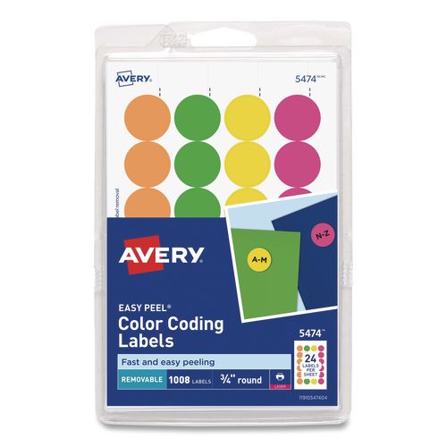 Image of Avery® AVE05474 Handwrite Only Self-Adhesive Removable Round Color-Coding Labels, 0.75" dia, Assorted Neon Colors, 24/Sheet, 42 Sheets/Pack