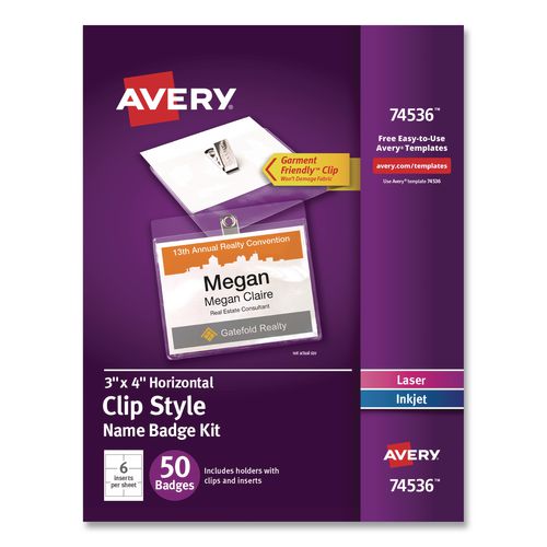 Image of Avery® 74536 Clip-Style Name Badge Kit, Clear, 3 x 4 Insert, 50 Badges/Box, 5 Boxes/Carton