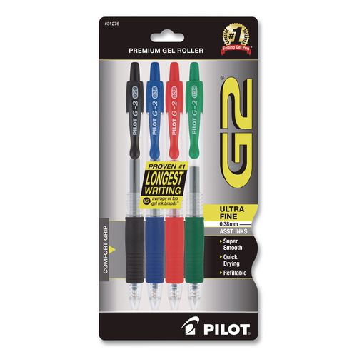 Image of Pilot® 31276 G2 Premium Gel Pen, Retractable, Ultra-Fine, 0.38 mm, Assorted Ink/Barrel Colors, 4/Pack