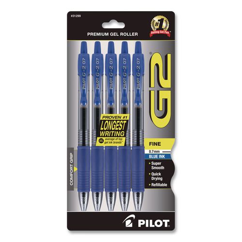 Image of Pilot® 31299 G2 Premium Gel Pen, Retractable, Fine 0.7 mm, Blue Ink, Smoke/Blue Barrel, 5/Pack