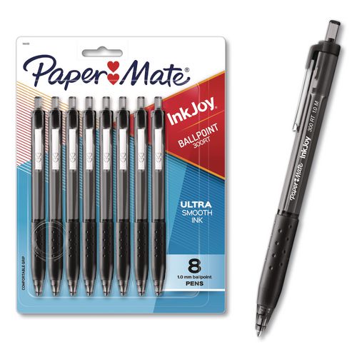 Image of Paper Mate® 1781565/1945920 InkJoy 300 RT Ballpoint Pen, Retractable, Medium 1 mm, Black Ink, Black Barrel, 8/Pack