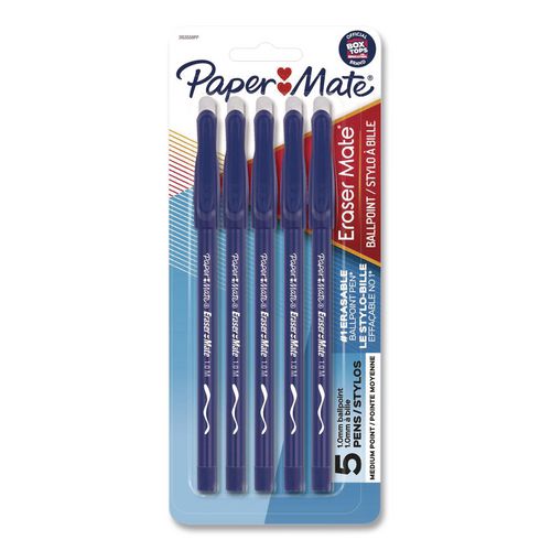 Image of Paper Mate® 31535 Eraser Mate Ballpoint Pen, Stick, Medium 1 mm, Blue Ink, Blue Barrel, 5/Pack
