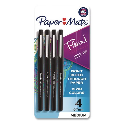 Image of Paper Mate® 84344 Flair Felt Tip Porous Point Pen, Stick, Medium 0.7 mm, Black Ink, Black Barrel, 4/Pack