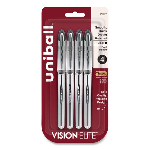 Image of uniball® 67180 VISION ELITE Rollerball Pen, Stick, Bold 0.8 mm, Black Ink, White/Black/Clear Barrel, 4/Pack