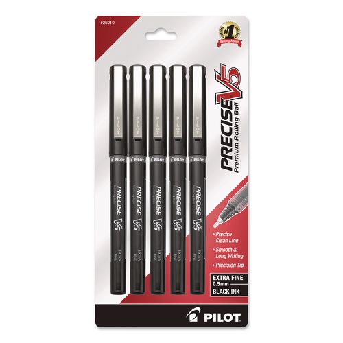 Image of Pilot® 26010 Precise V5 Rollerball Pen, Stick, Extra-Fine 0.5 mm, Black Ink, Black/Clear Barrel, 5/Pack