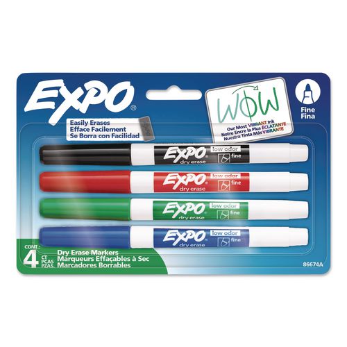 Image of EXPO® 86674 Low-Odor Dry-Erase Marker, Fine Tip, Assorted Colors, 4/Pack