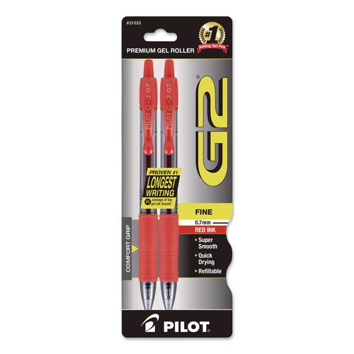 Image of Pilot® 31033 G2 Premium Gel Pen, Retractable, Fine 0.7 mm, Red Ink, Smoke/Red Barrel, 2/Pack