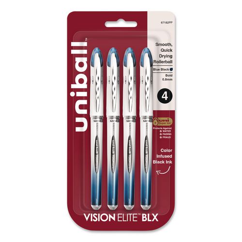 Image of uniball® 67182 VISION ELITE BLX Series Hybrid Gel Pen, Stick, Bold 0.8 mm, Blue-Infused Black Ink, White/Blue/Clear Barrel, 4/Pack