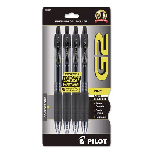 Image of Pilot® 31057 G2 Premium Gel Pen, Retractable, Fine 0.7 mm, Black Ink, Smoke/Black Barrel, 4/Pack