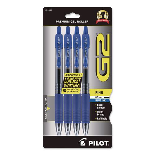 Image of Pilot® 31058 G2 Premium Gel Pen, Retractable, Fine 0.7 mm, Blue Ink, Smoke/Blue Barrel, 4/Pack