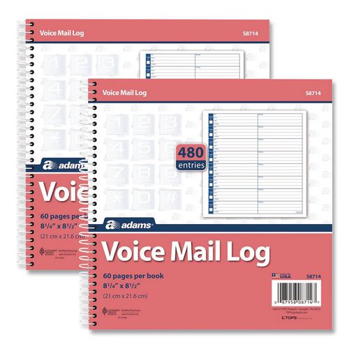 Image of Adams® S8714 Voice Mail Log Books, One-Part (No Copies), 8.25 x 8.5, 8 Forms/Sheet, 480 Forms Total, 2/Pack