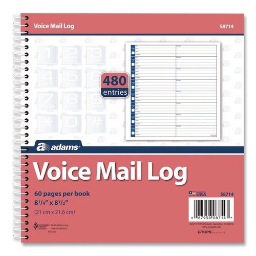 Image of Adams® S8714 Voice Mail Log Books, One-Part (No Copies), 8.25 x 8.5, 8 Forms/Sheet, 480 Forms Total, 2/Pack