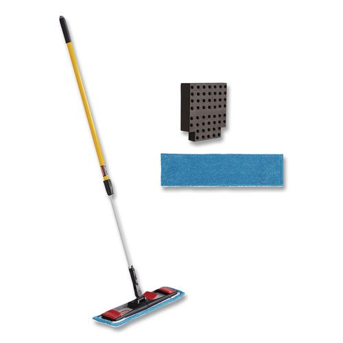 Image of Rubbermaid® Commercial 2132426 Adaptable Flat Mop Kit, 19.5 X 5.5 Blue Microfiber Head, 48" To 72" Yellow Aluminum Handle